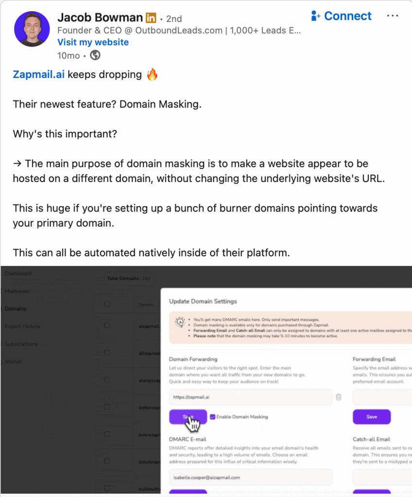 Jacob Bowman LinkedIn post for Zapmail.ai