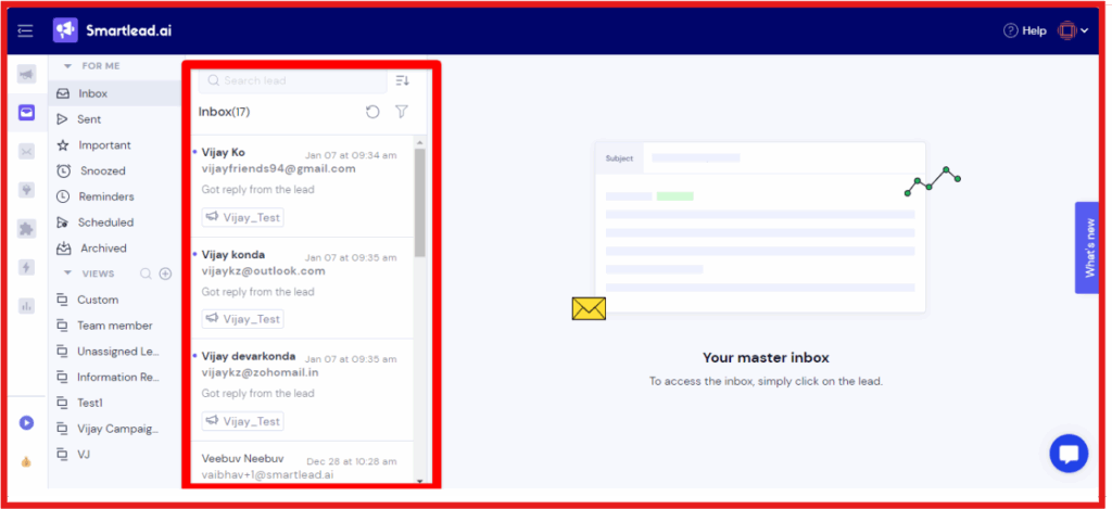 Instantly central inbox view